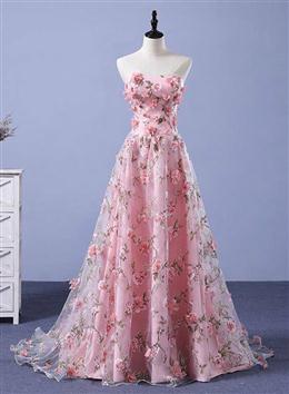 Picture of Dark Pink Tulle Flowers Long junior Formal Dresses, Pink Party Gown